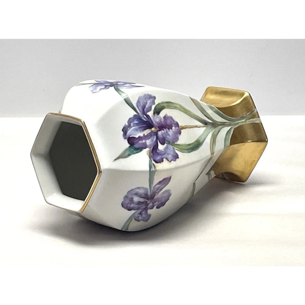 Antique Limoges Bernardaud &C France Hand Painted Iris Vase 1919 Hexagonal 11.5